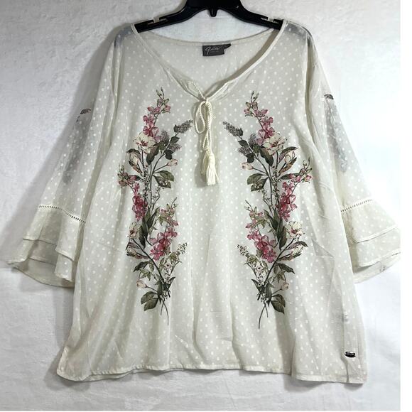 GIA Boho Top XXL White Oversized Sheer Floral Print Peasant Plus Flutter Tassel - Picture 2 of 16
